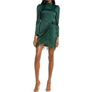 Saylor Size Large Quin Metallic Feather Trim Long Sleeve Satin Minidress